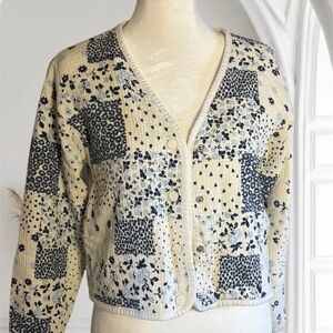 Vintage Patchwork Floral Cardigan | Quilted Button-Up Jacket | Cream & Navy Blue